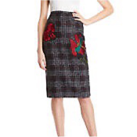Philosophy Wool Plaid Midi Skirt Red Flower Appliqués - Picture 2 of 10